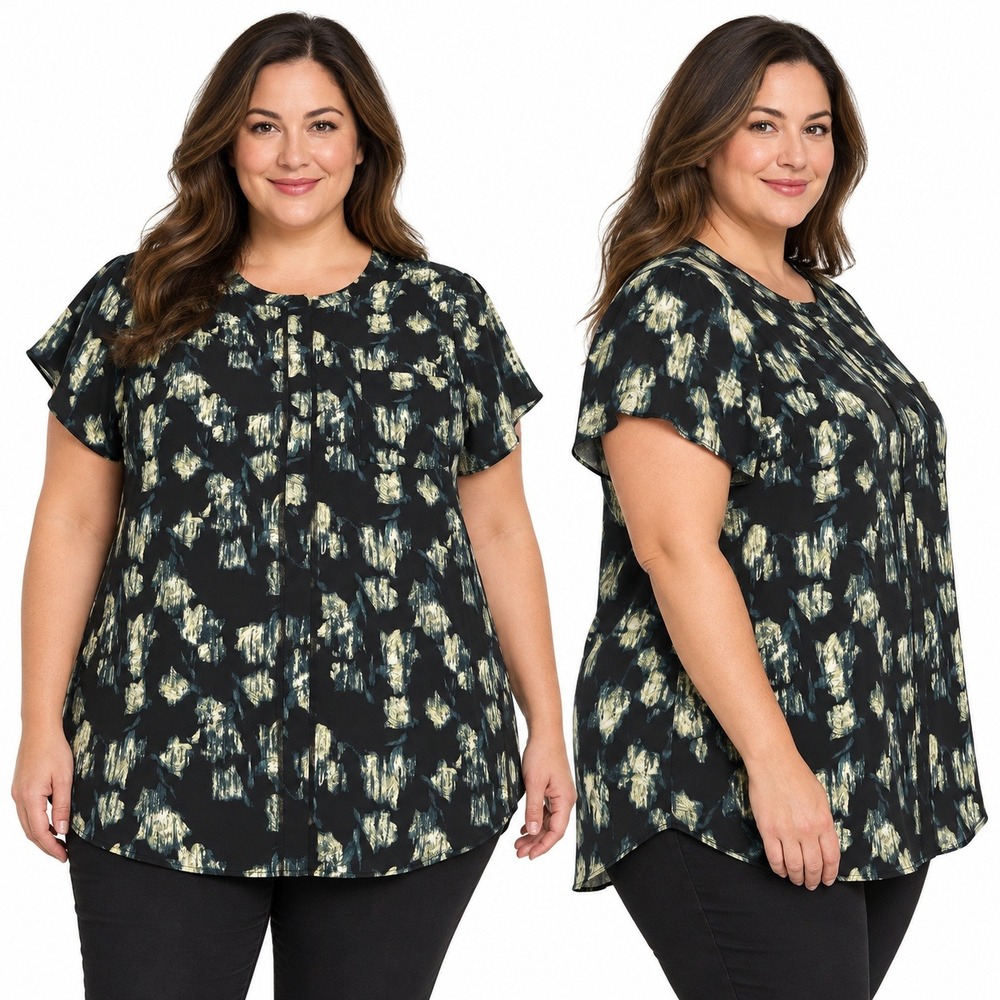 Simply Vera Vera Wang Womens 2X Black Abstract Short Sleeve Button Front Blouse